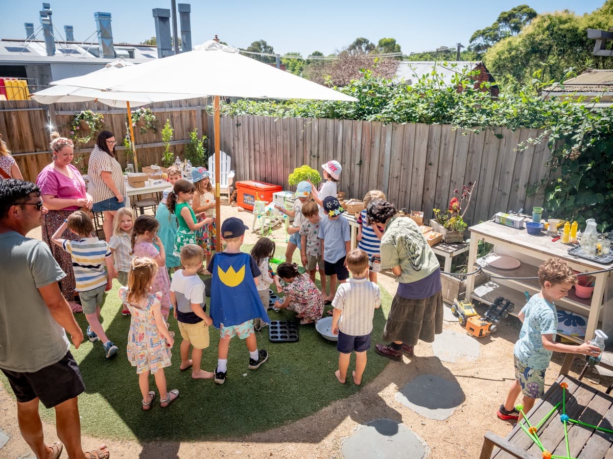 Birthday party setup in the courtyard