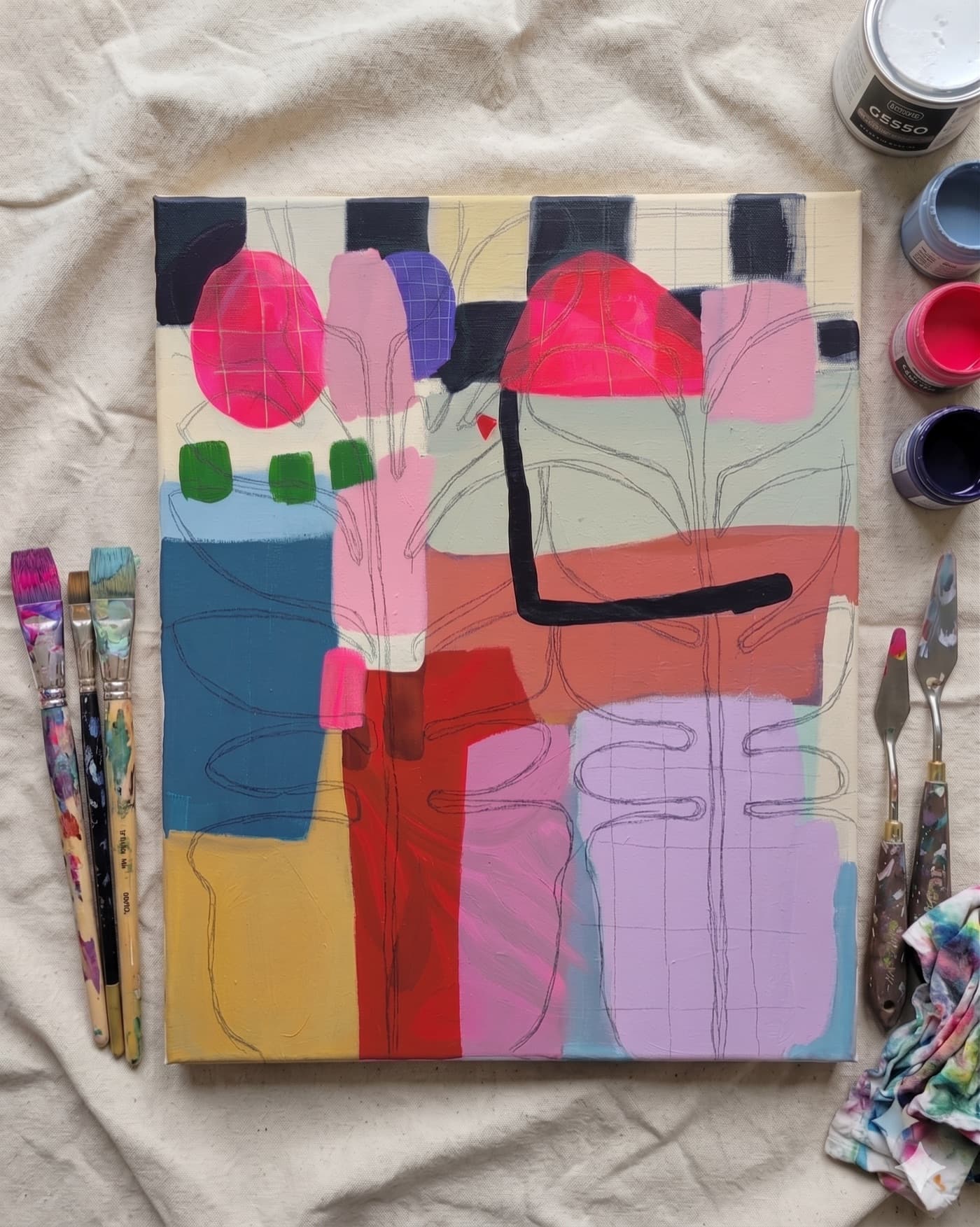Workshop artwork example — layered botanicals on canvas