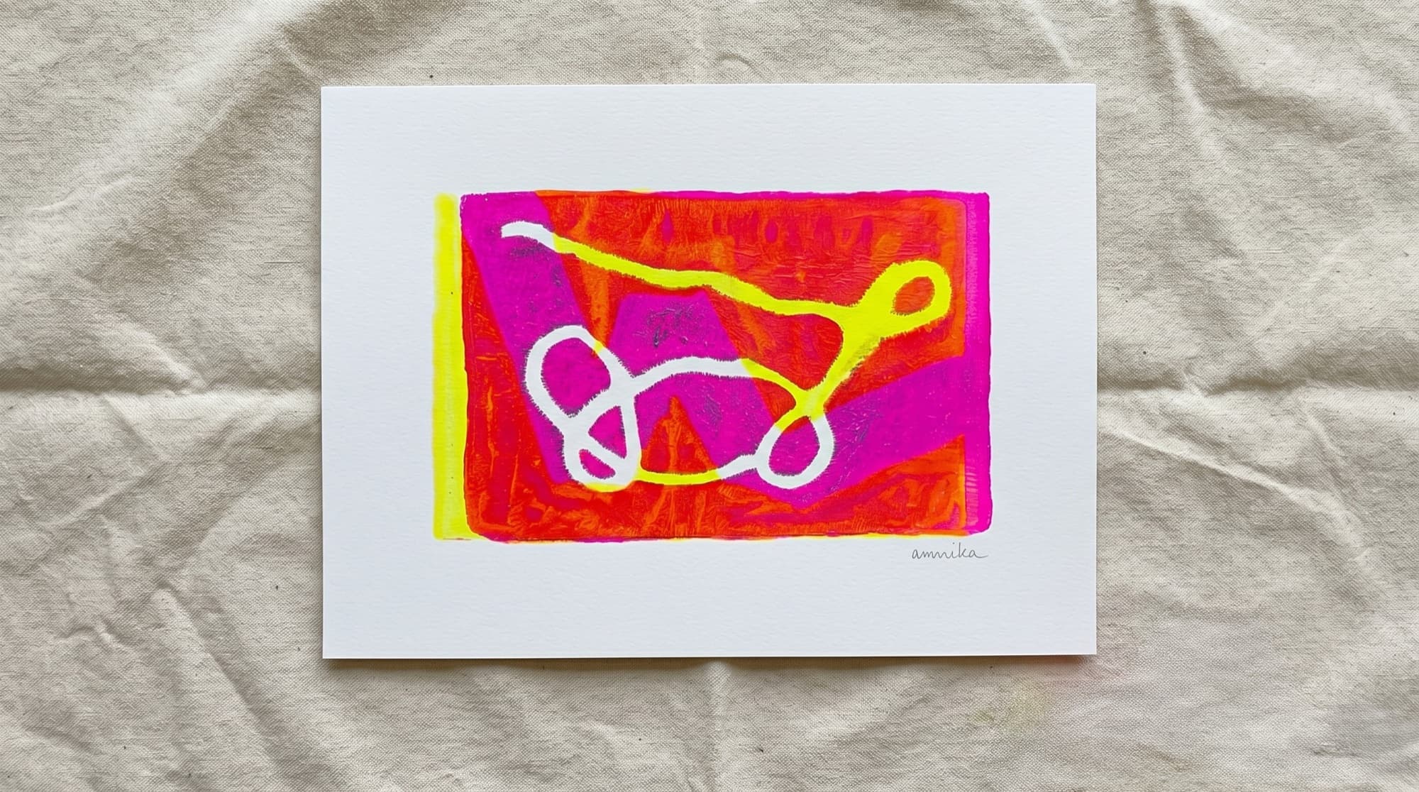 A neon pink, orange and yellow gelli print on white paper, signed annika
