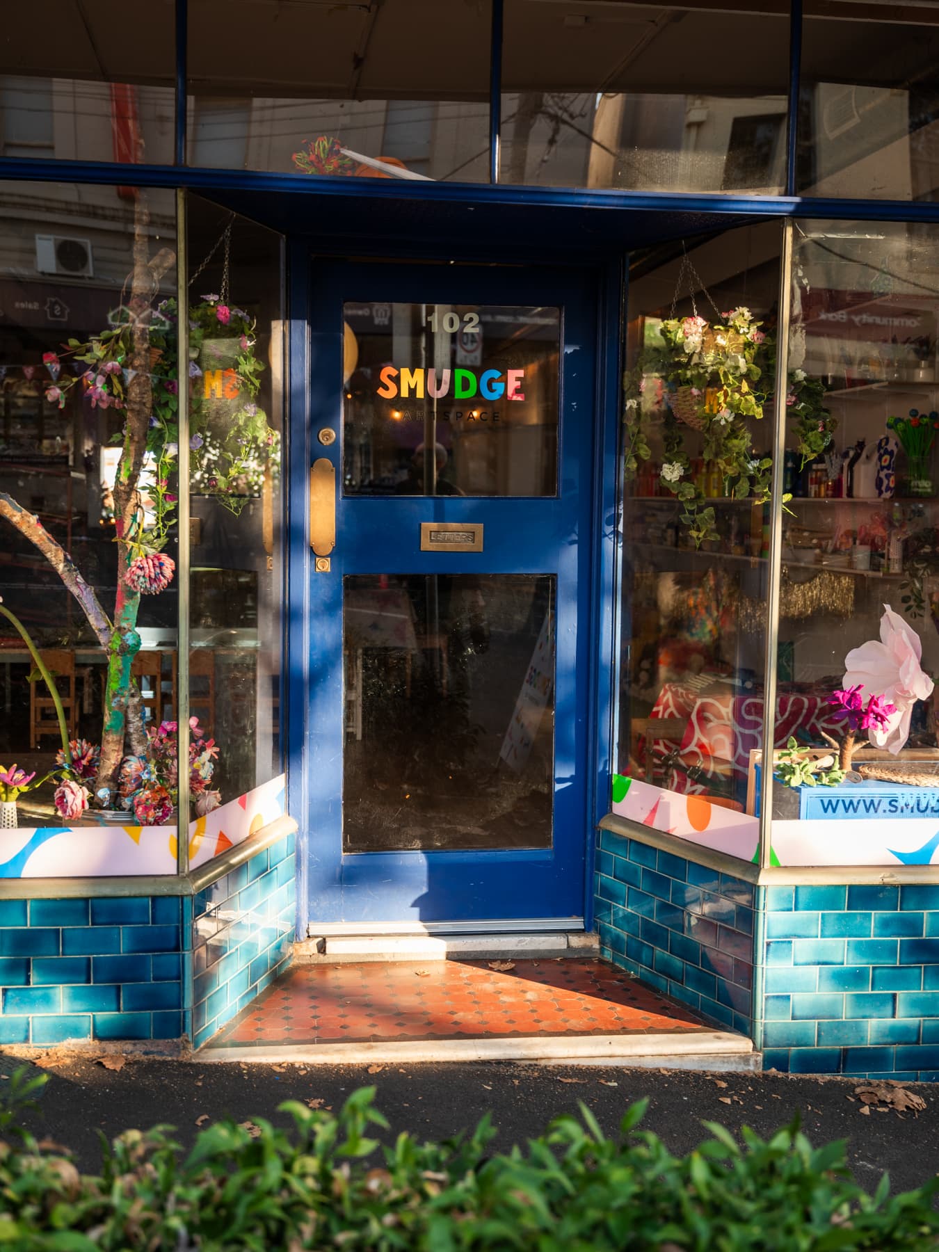 The blue front door of the Smudge Artspace studio on Union Road, Surrey Hills